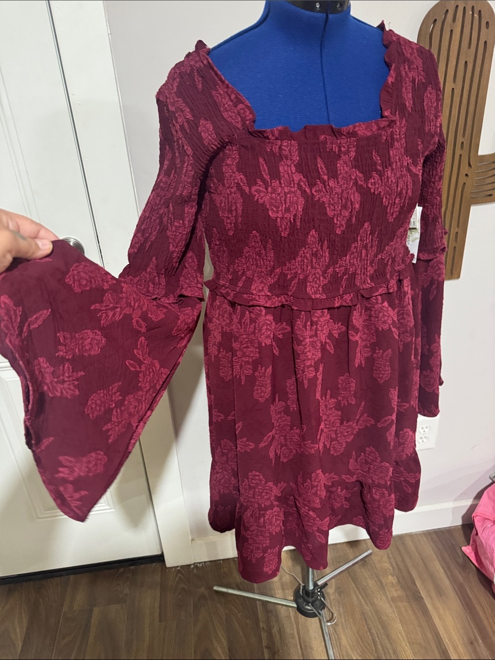 Girls' Burgundy Floral Square-Neck Bell-Sleeve Dress